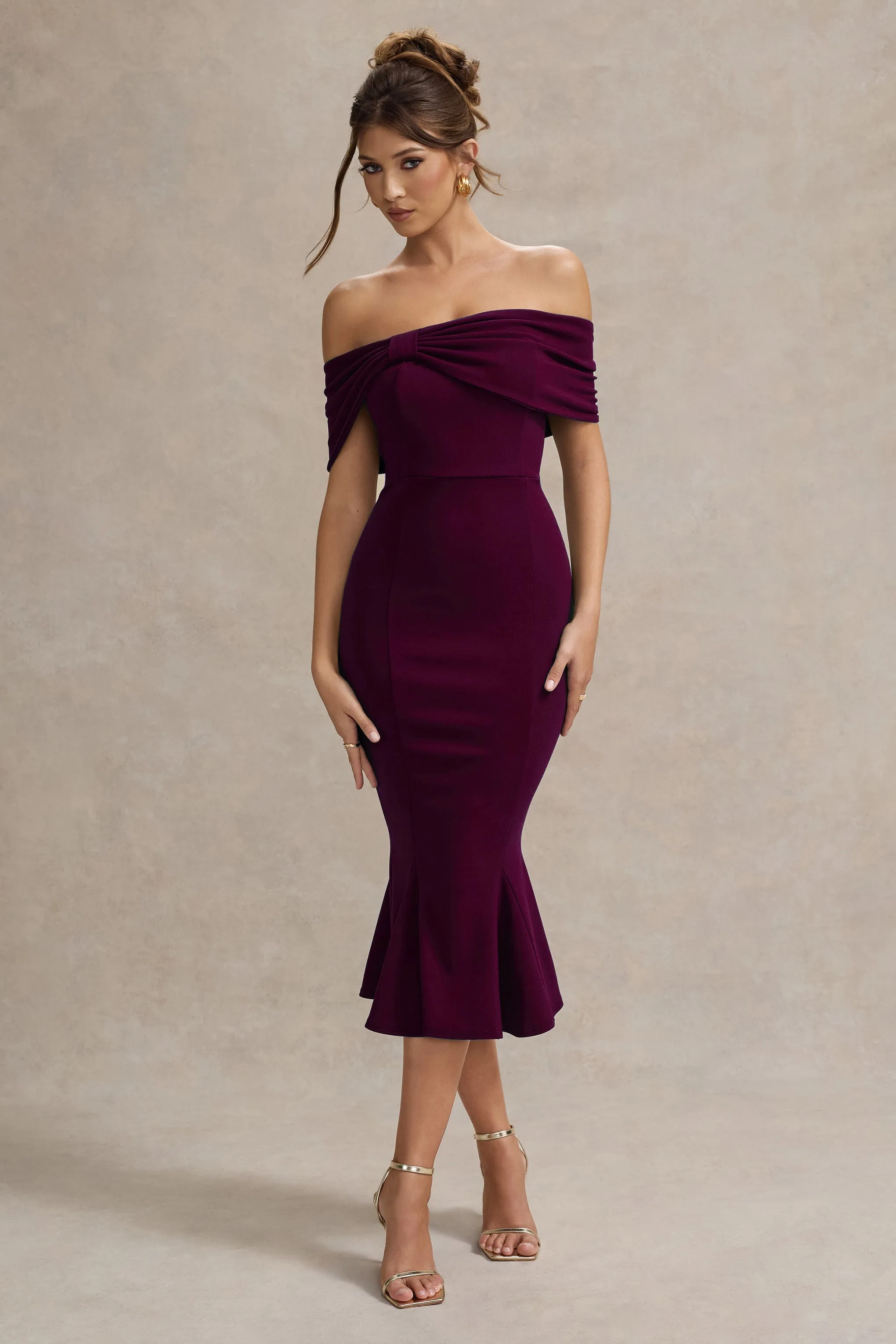 Lydia | Plum Bardot Bow Detail Midi Dress