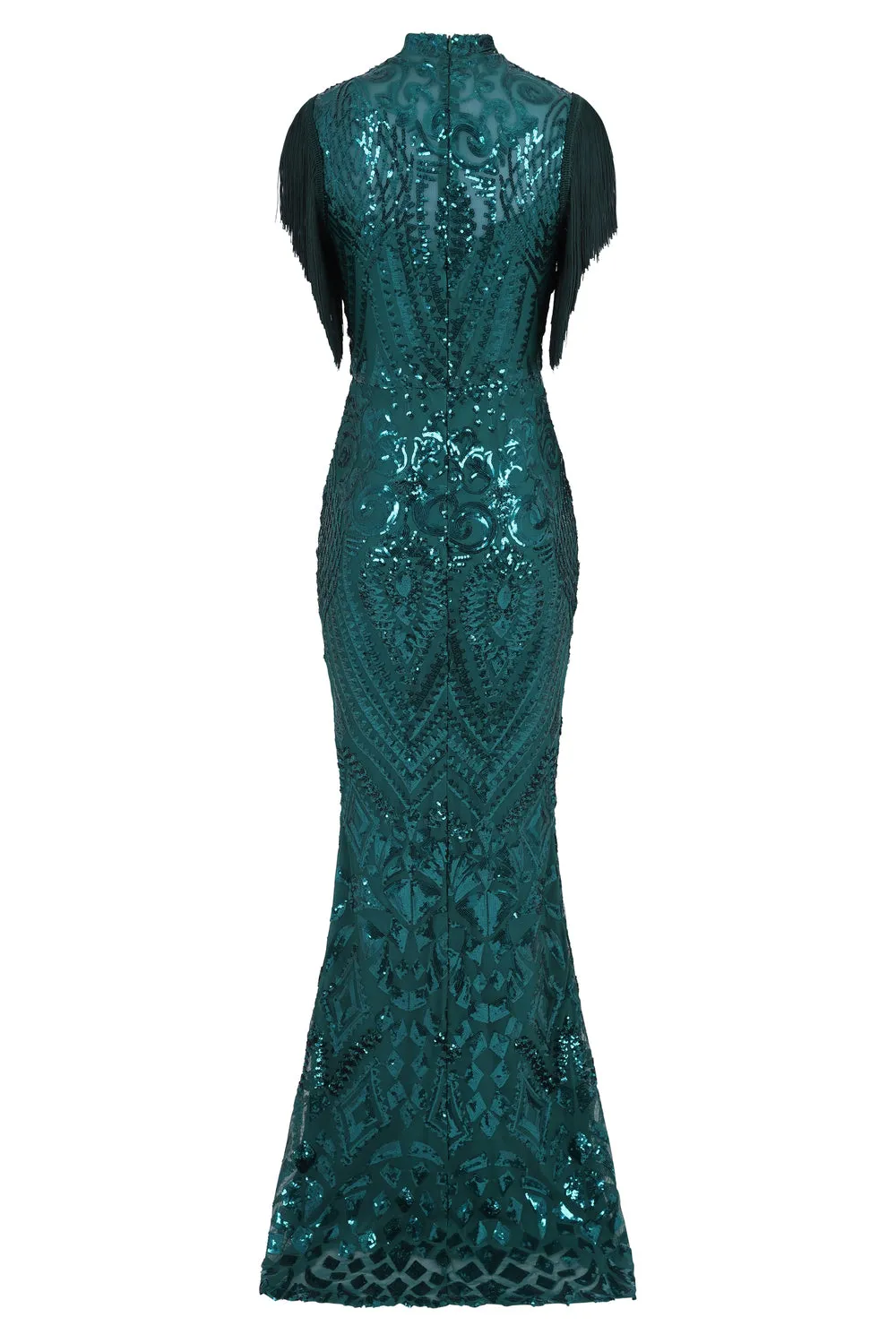 Magic Vip Green Luxe Tassel Fringe Sequin Embellished Illusion Maxi Dress