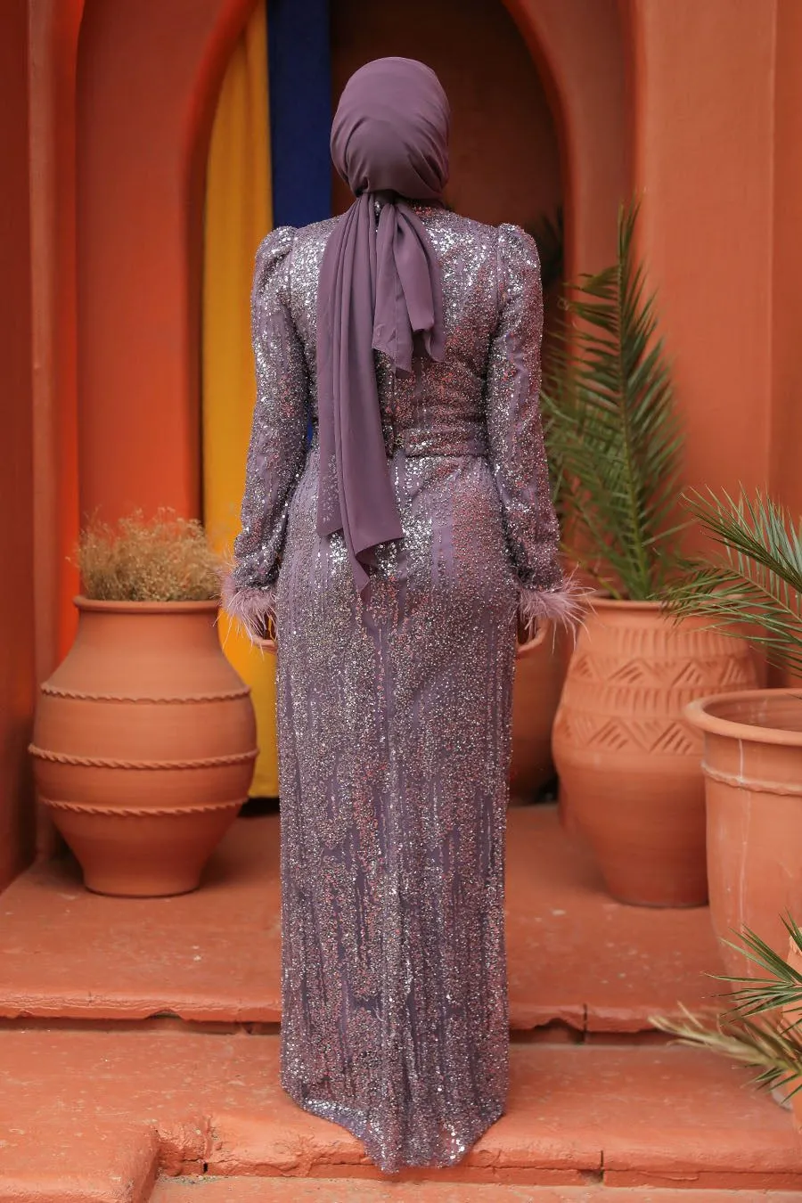 Manah Long Evening dress in beaded Fabric - Lavender