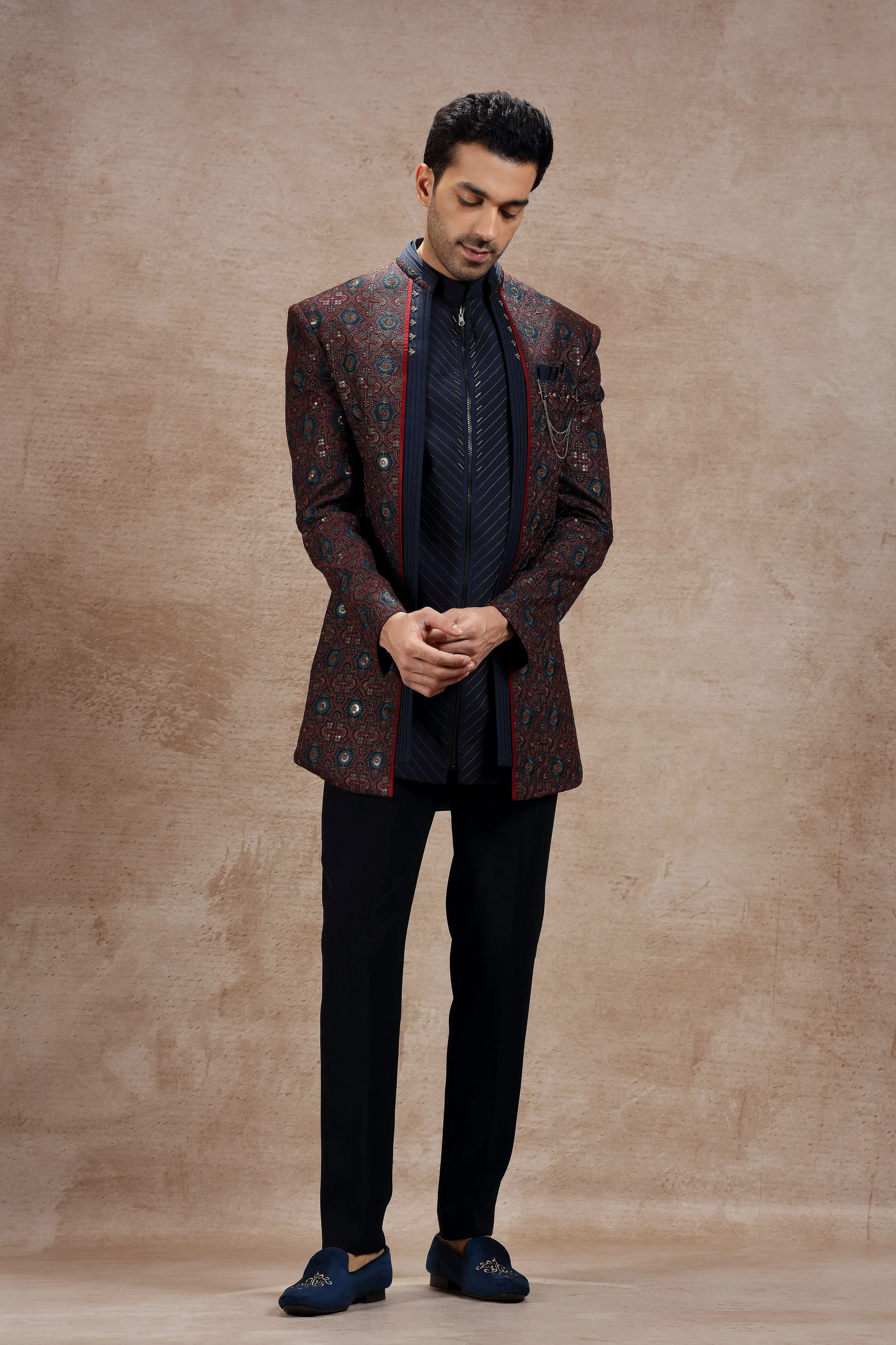 Maroon & Blue Silk Indowestern With Traditional Motifs