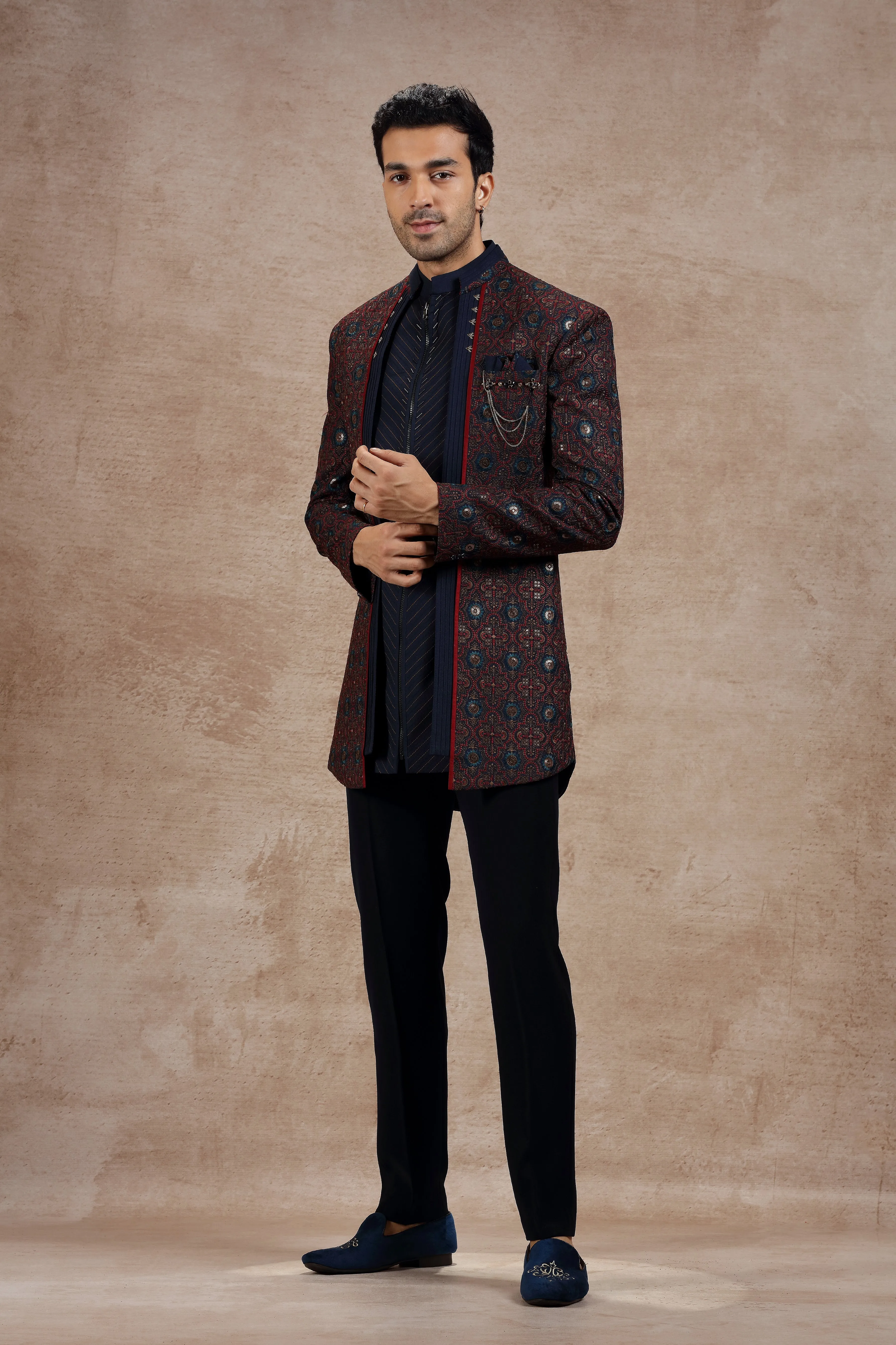 Maroon & Blue Silk Indowestern With Traditional Motifs