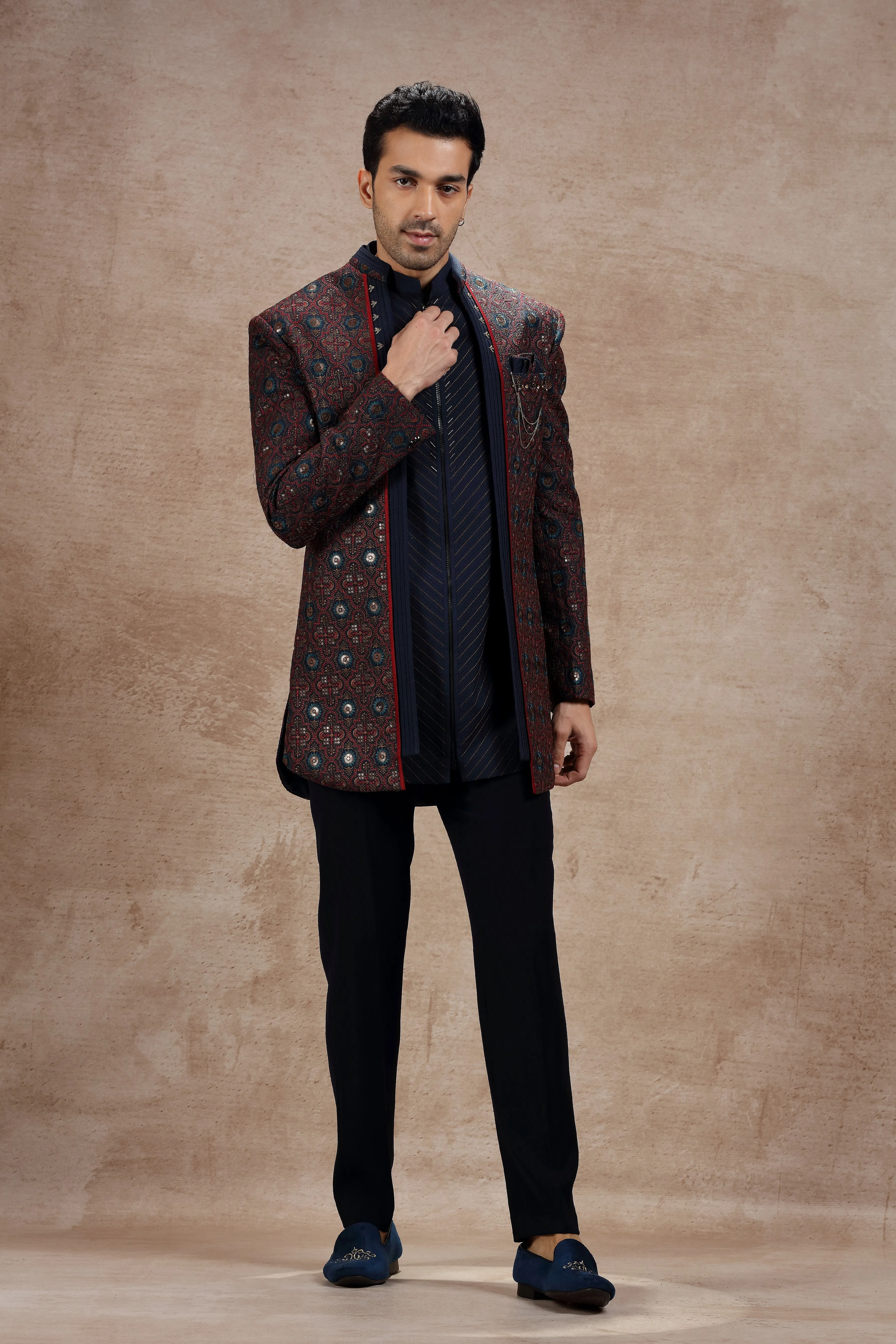 Maroon & Blue Silk Indowestern With Traditional Motifs