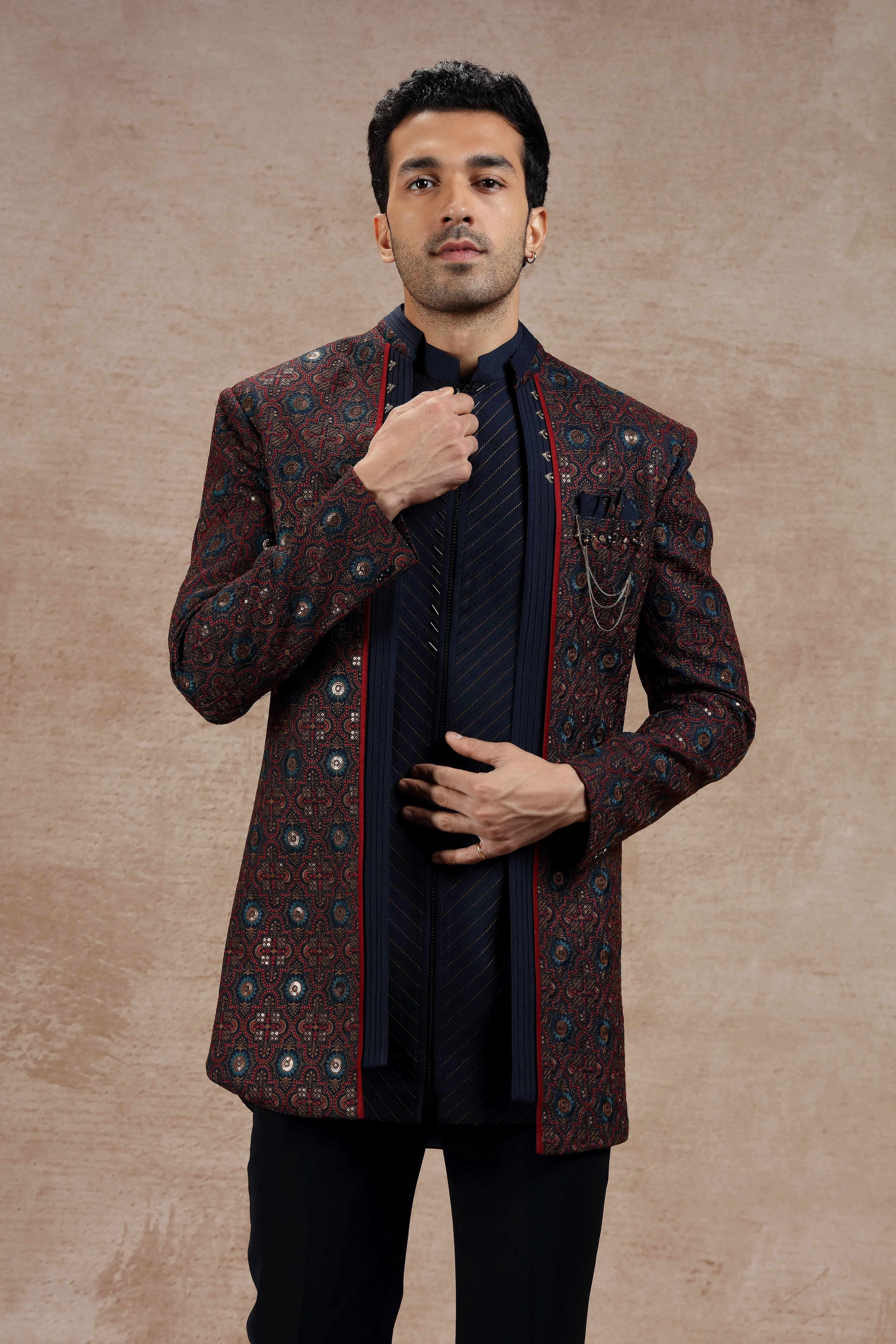 Maroon & Blue Silk Indowestern With Traditional Motifs