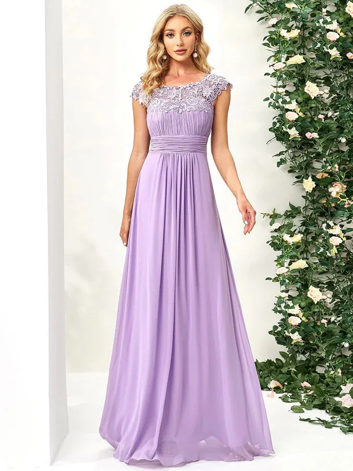 Maxi Long Lace Cap Sleeve Elegant Bridesmaid Dress