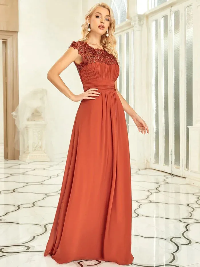 Maxi Long Lace Cap Sleeve Elegant Bridesmaid Dress