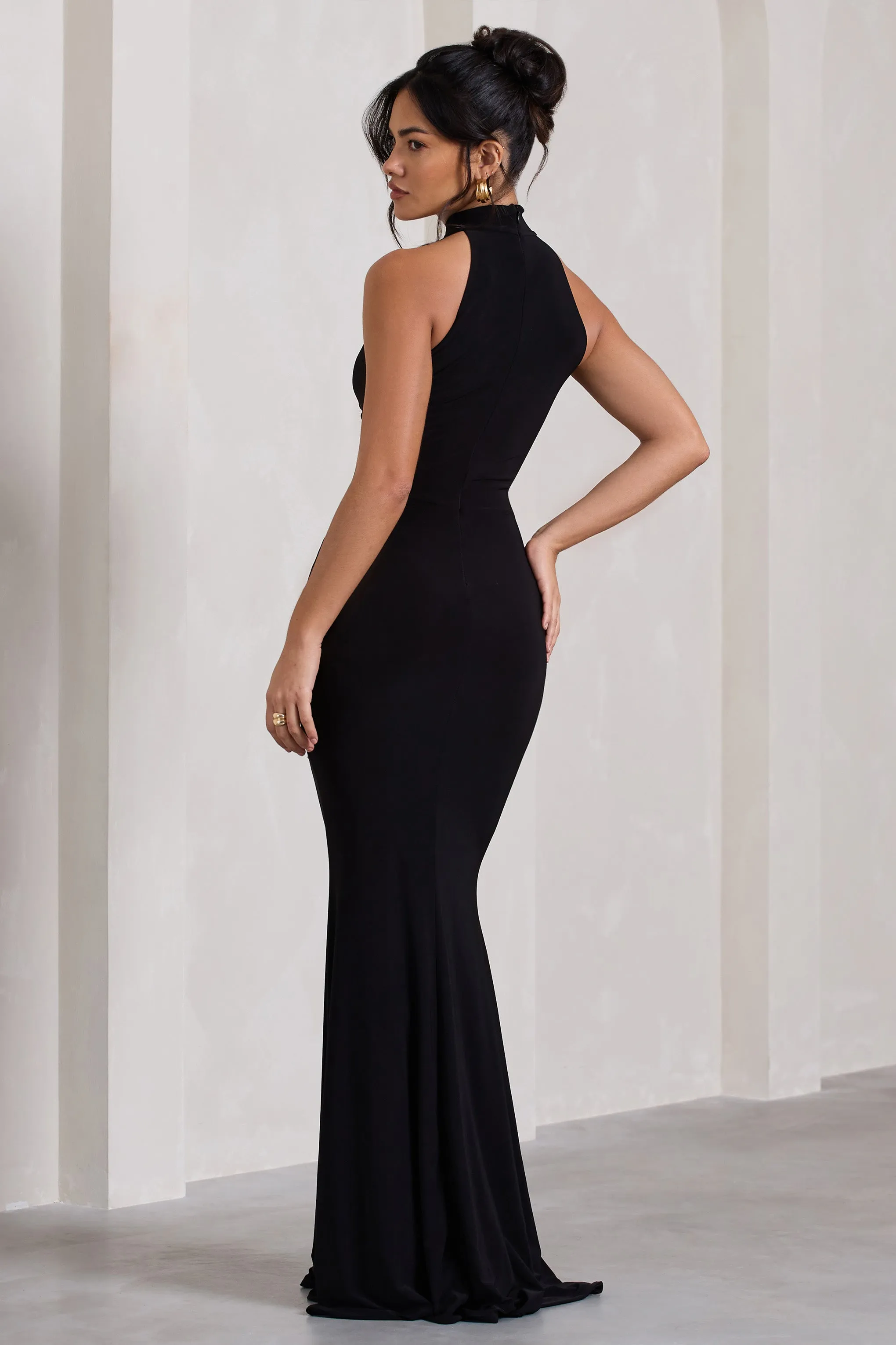 Memorable | Black  Ruched High-Neck Split  Maxi Dress