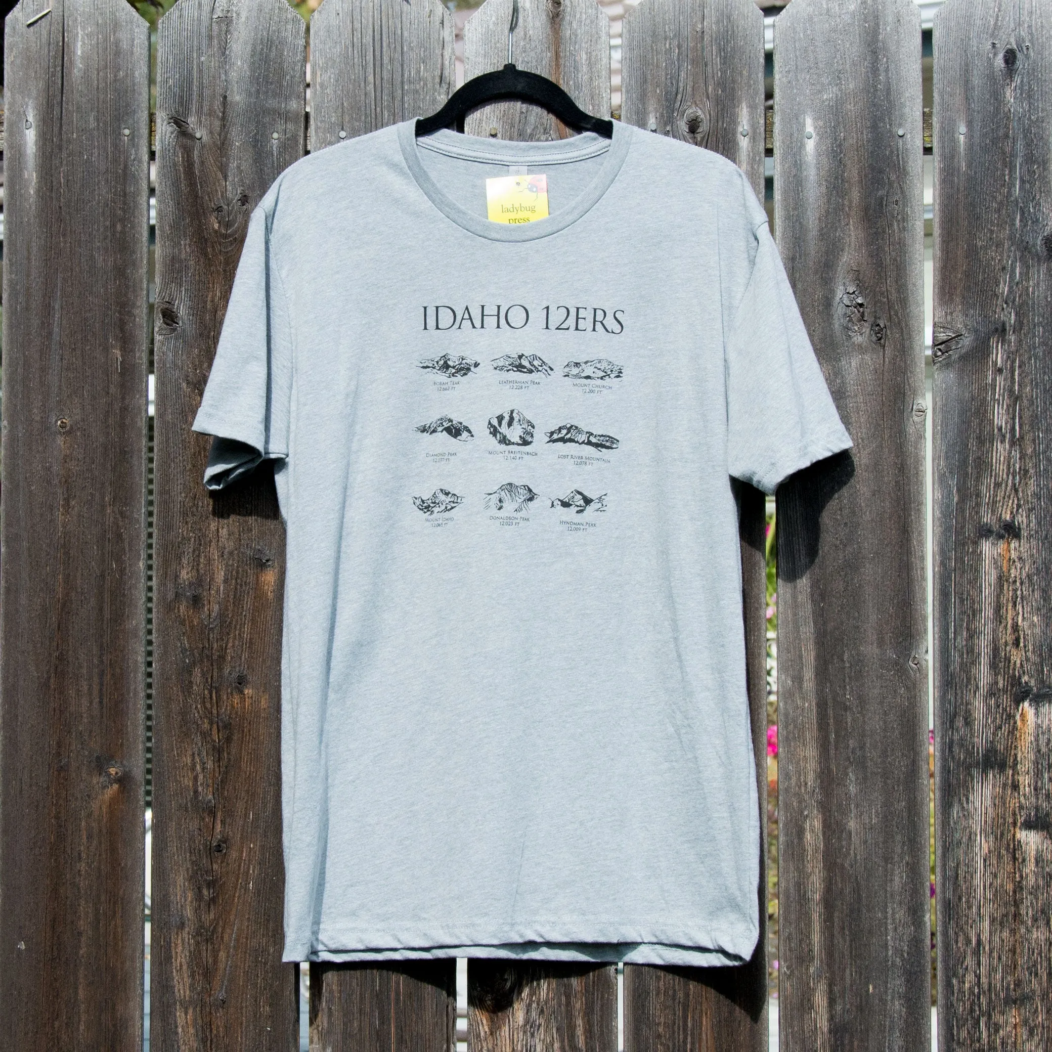 Men's Idaho 12ers Mountain Peaks T-shirt, screen printed with eco-friendly waterbased inks, men's sizes