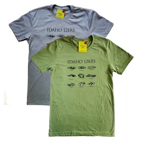 Men's Idaho 12ers Mountain Peaks T-shirt, screen printed with eco-friendly waterbased inks, men's sizes