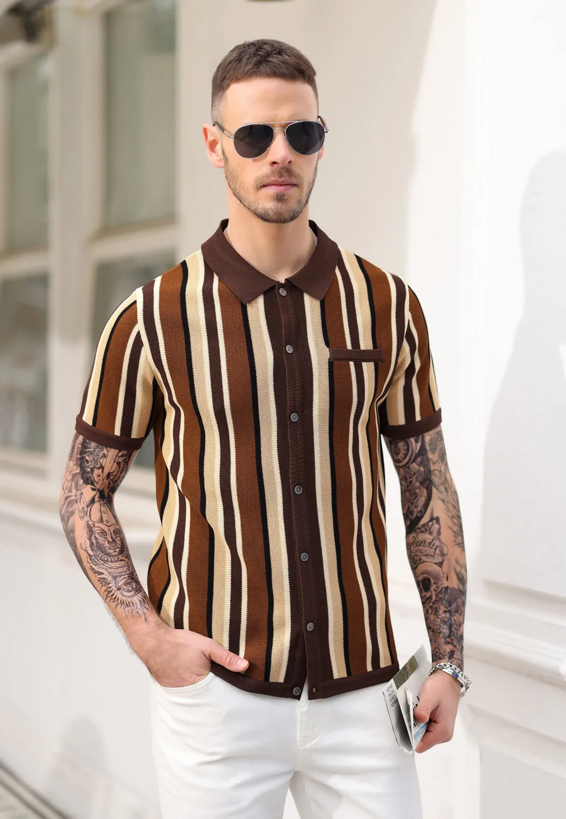 Men’s Short Sleeve Knit Shirt Vintage Stripe Lapel Collar Polo Cardigans Shirts