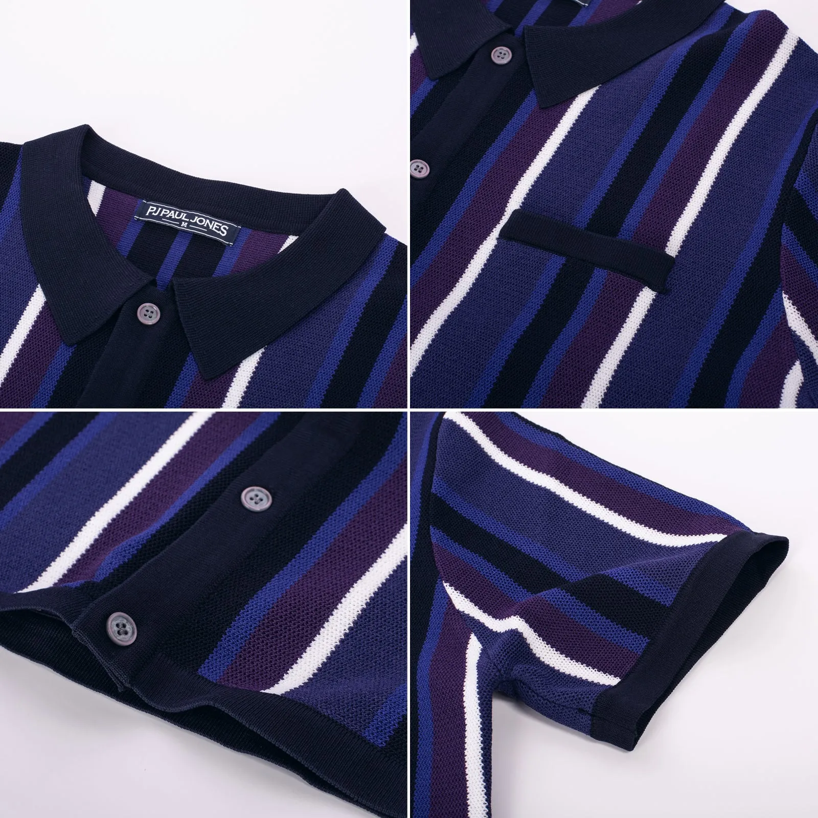 Men’s Short Sleeve Knit Shirt Vintage Stripe Lapel Collar Polo Cardigans Shirts