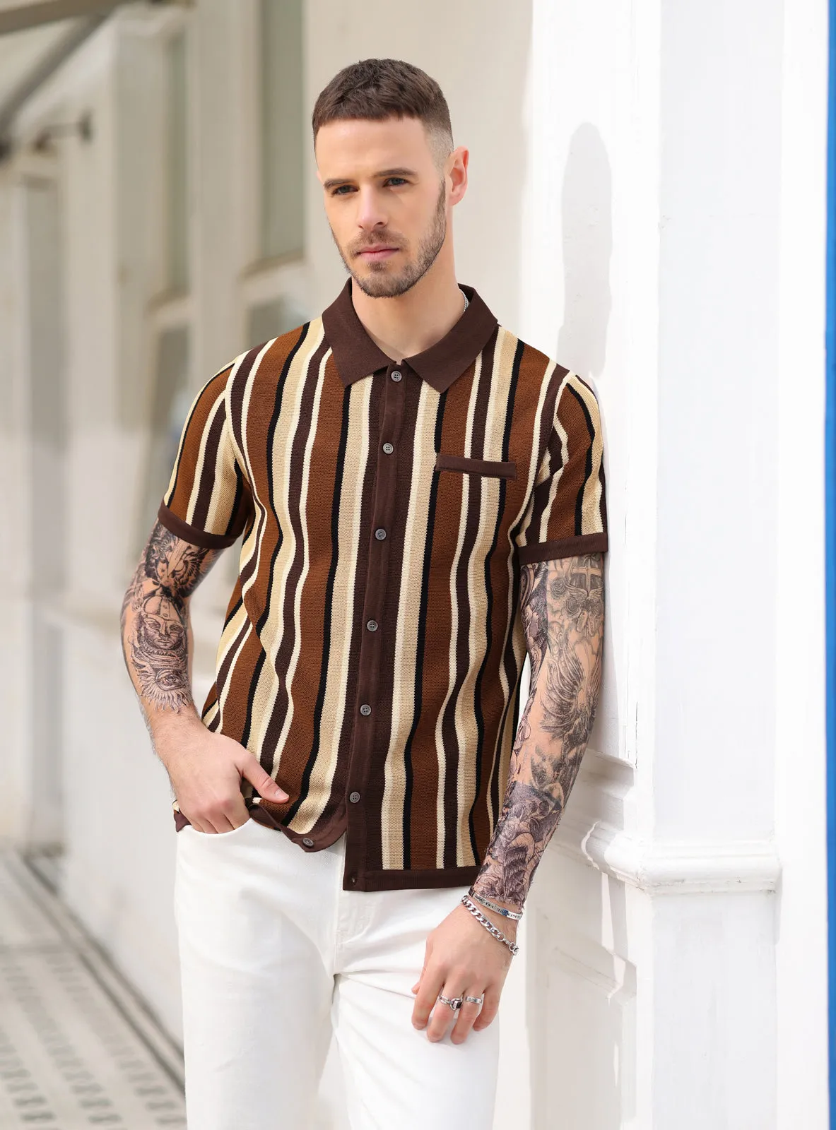 Men’s Short Sleeve Knit Shirt Vintage Stripe Lapel Collar Polo Cardigans Shirts