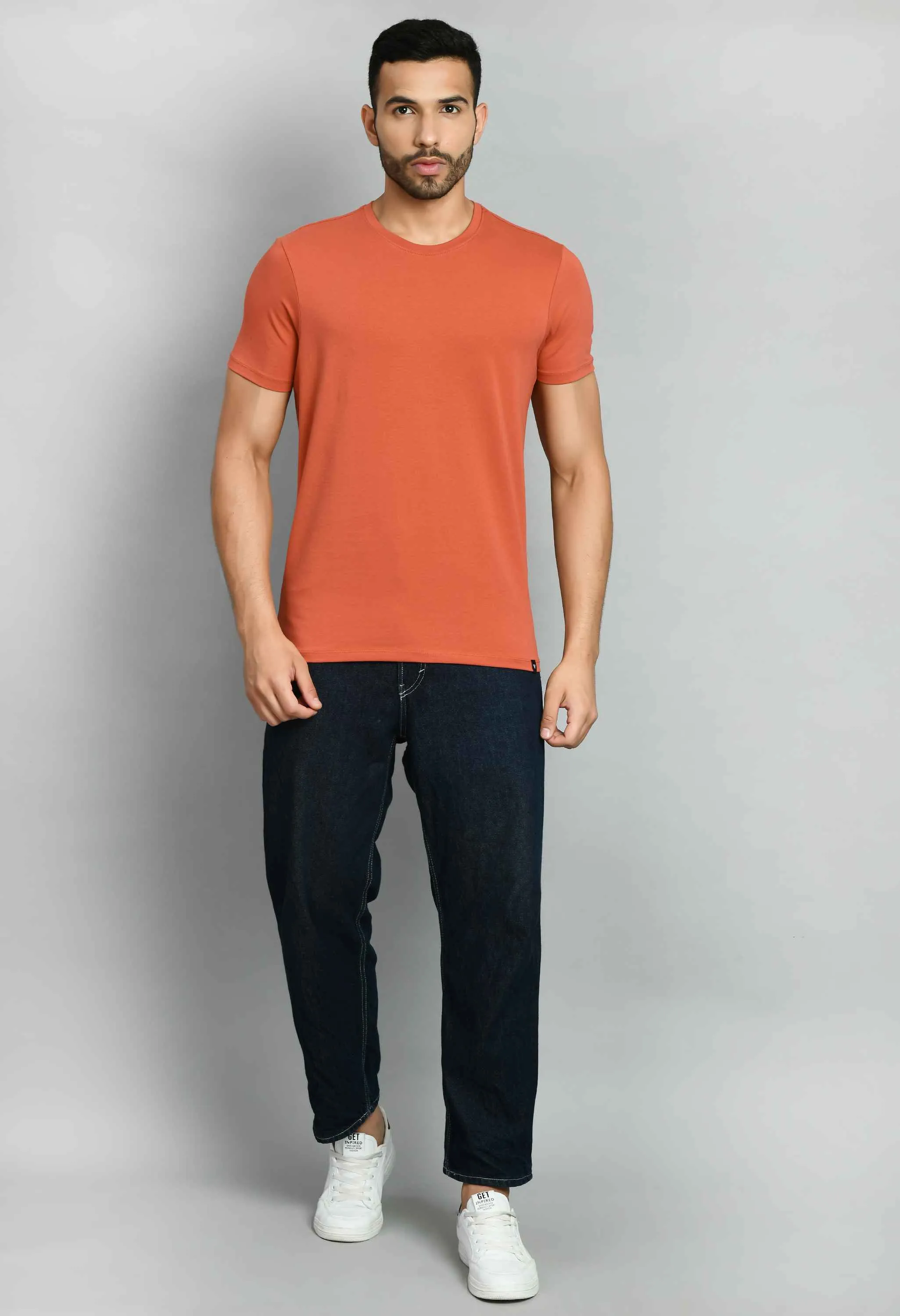 Men's Solid Rust Lycra Round Neck T-Shirt