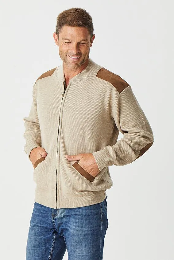 Men's Zipped Cardigan With Suede Patches - Mushroom