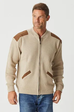 Men's Zipped Cardigan With Suede Patches - Mushroom