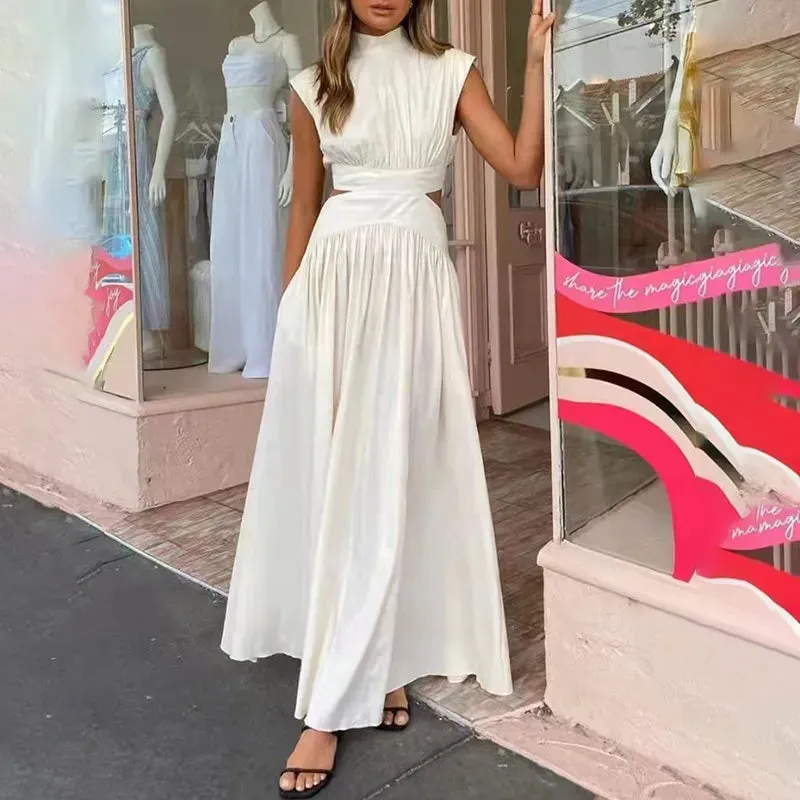 Minimalist Fashion Cut Out Dress For Women Stand Collar Sleeveless High Waist Solid  Midi Dresses Female 2022 Summer Clothes