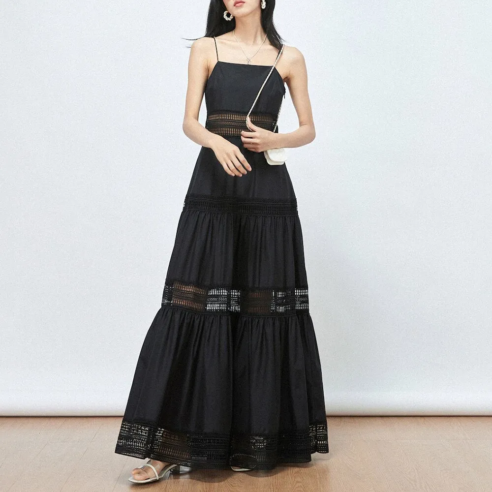 Minimalist Hollow Out Dresses For Women Square Collar Sleeveless High Waist Spliced Ruched Dress Female Clothing