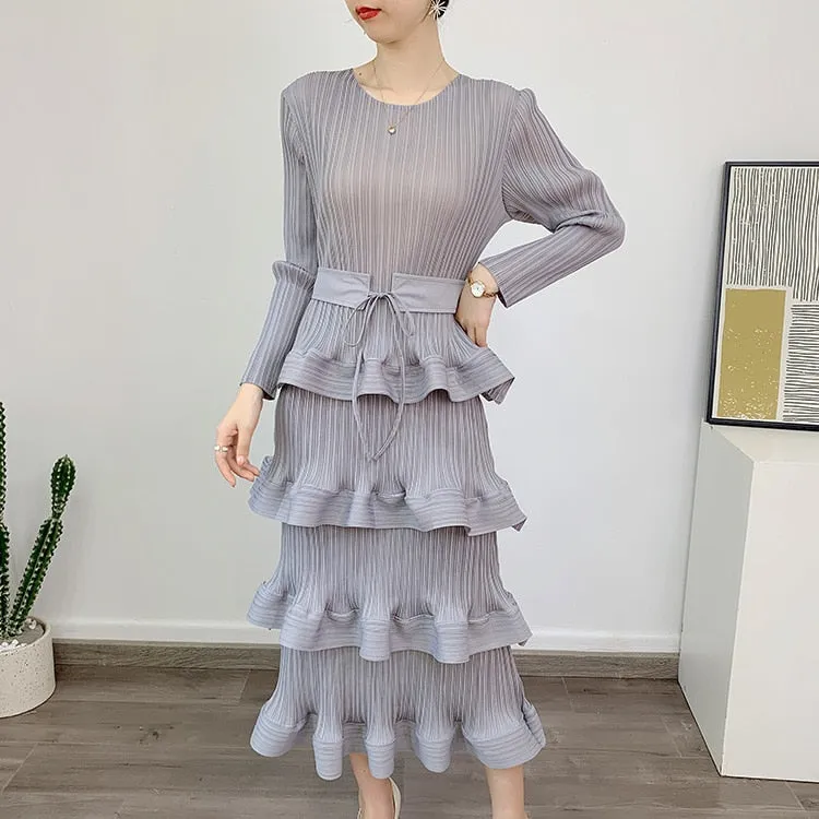 Minimalist Tierred Dresses For Women Round Neck Long Sleeve A Line Summer Dress Female Fashion Clothing