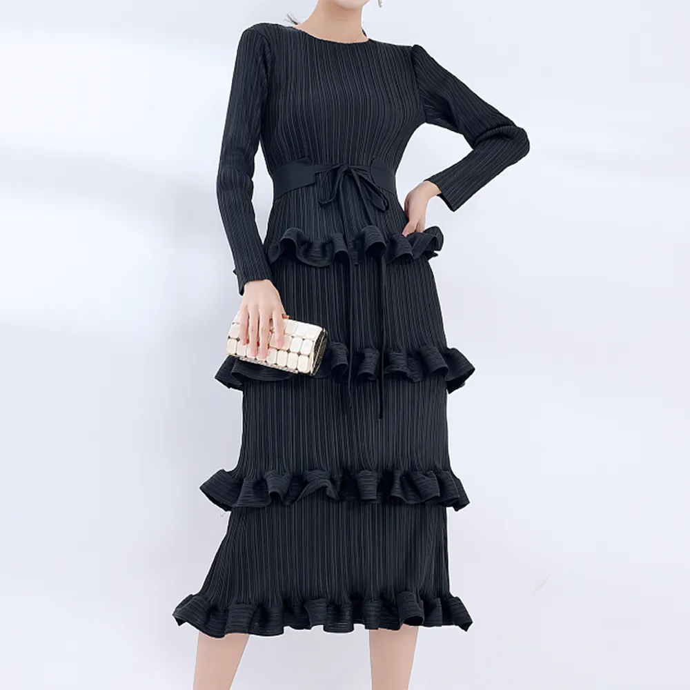 Minimalist Tierred Dresses For Women Round Neck Long Sleeve A Line Summer Dress Female Fashion Clothing