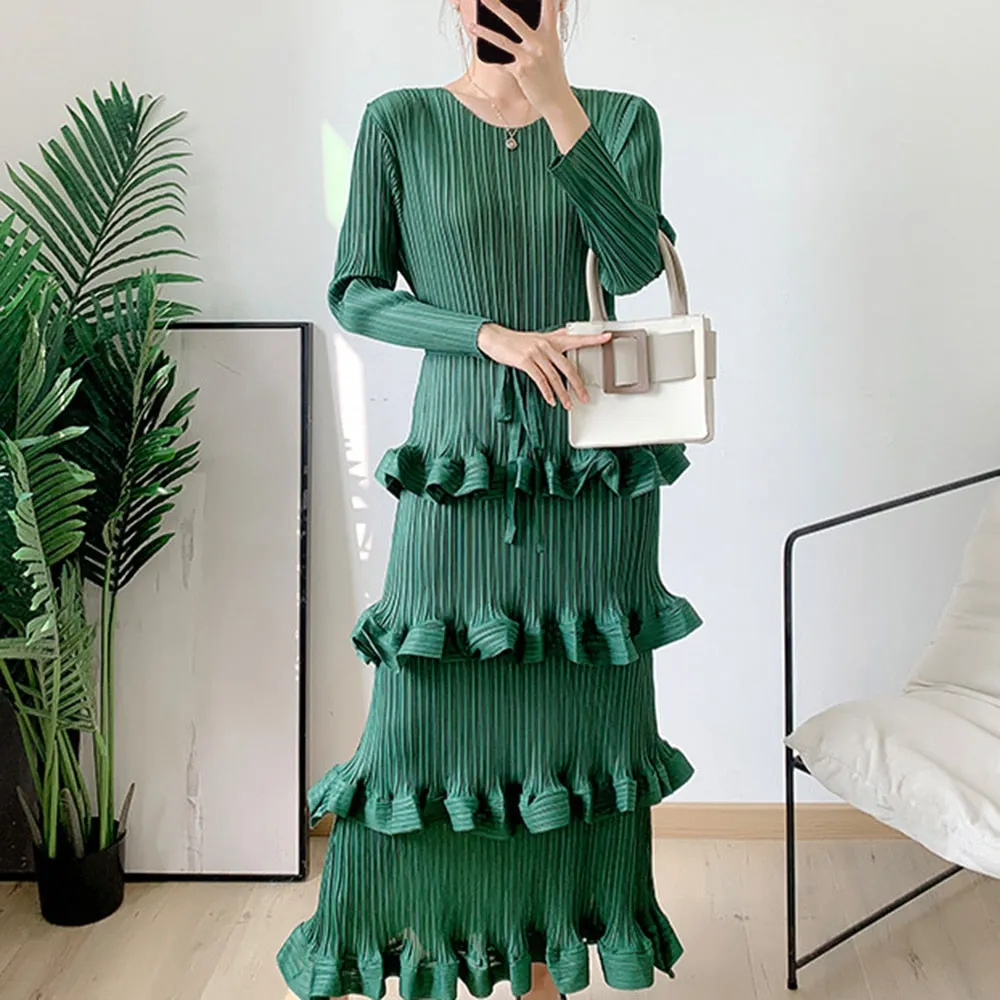 Minimalist Tierred Dresses For Women Round Neck Long Sleeve A Line Summer Dress Female Fashion Clothing