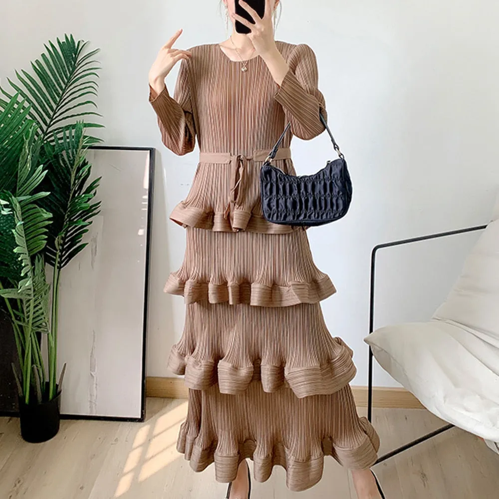 Minimalist Tierred Dresses For Women Round Neck Long Sleeve A Line Summer Dress Female Fashion Clothing