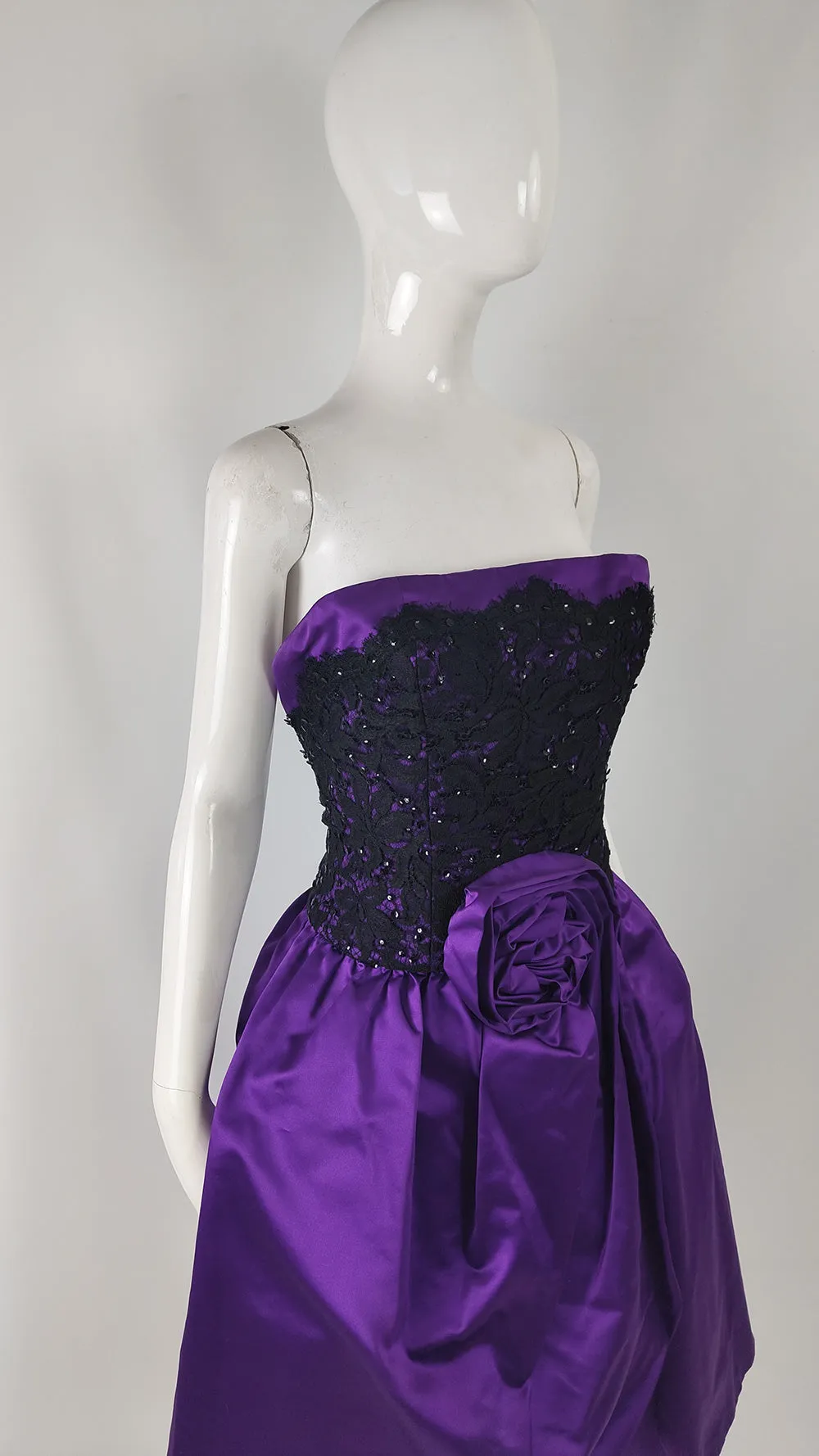 Murray Arbeid Vintage Purple Satin & Black Lace Evening Dress, 1980s