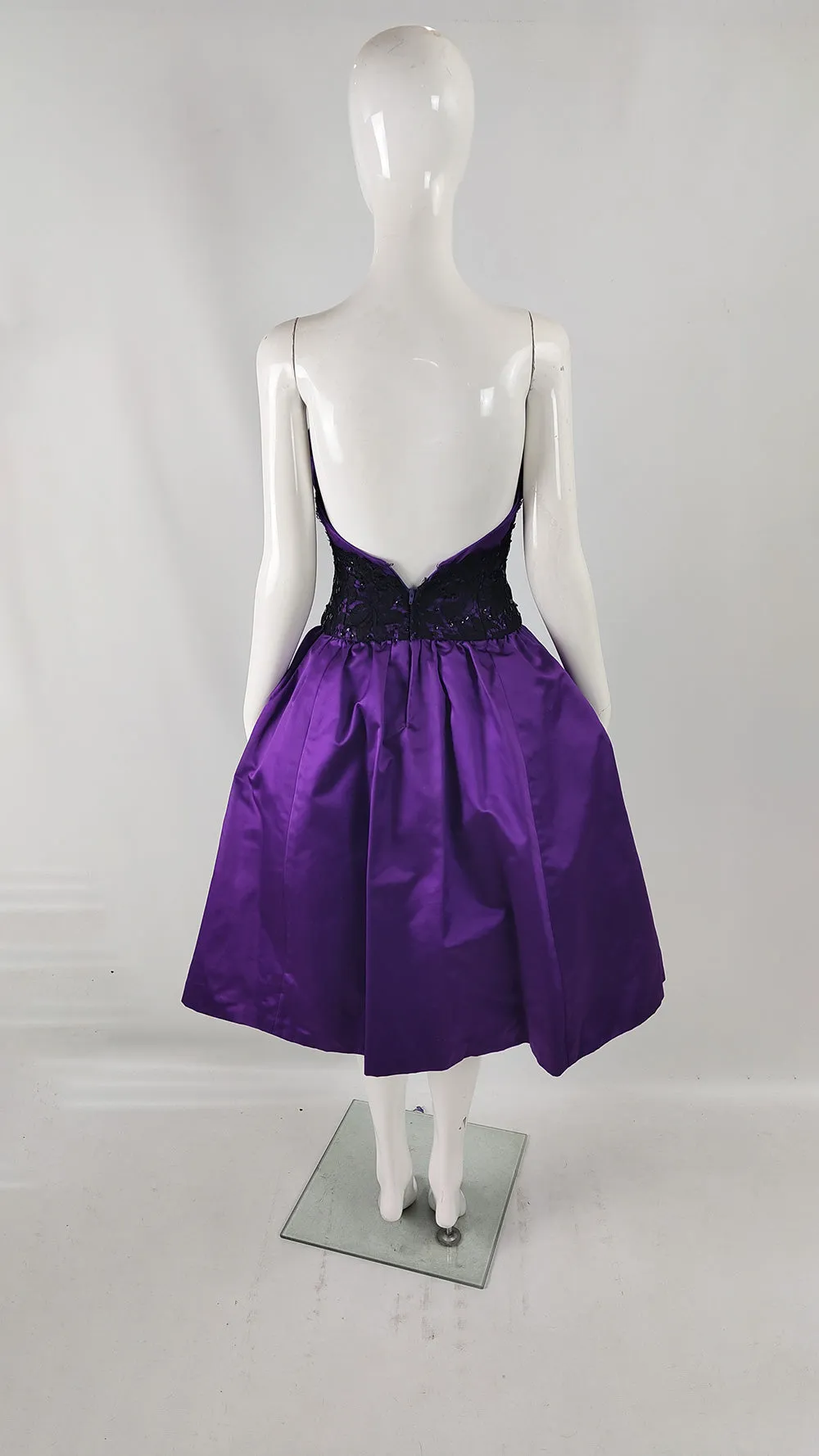 Murray Arbeid Vintage Purple Satin & Black Lace Evening Dress, 1980s