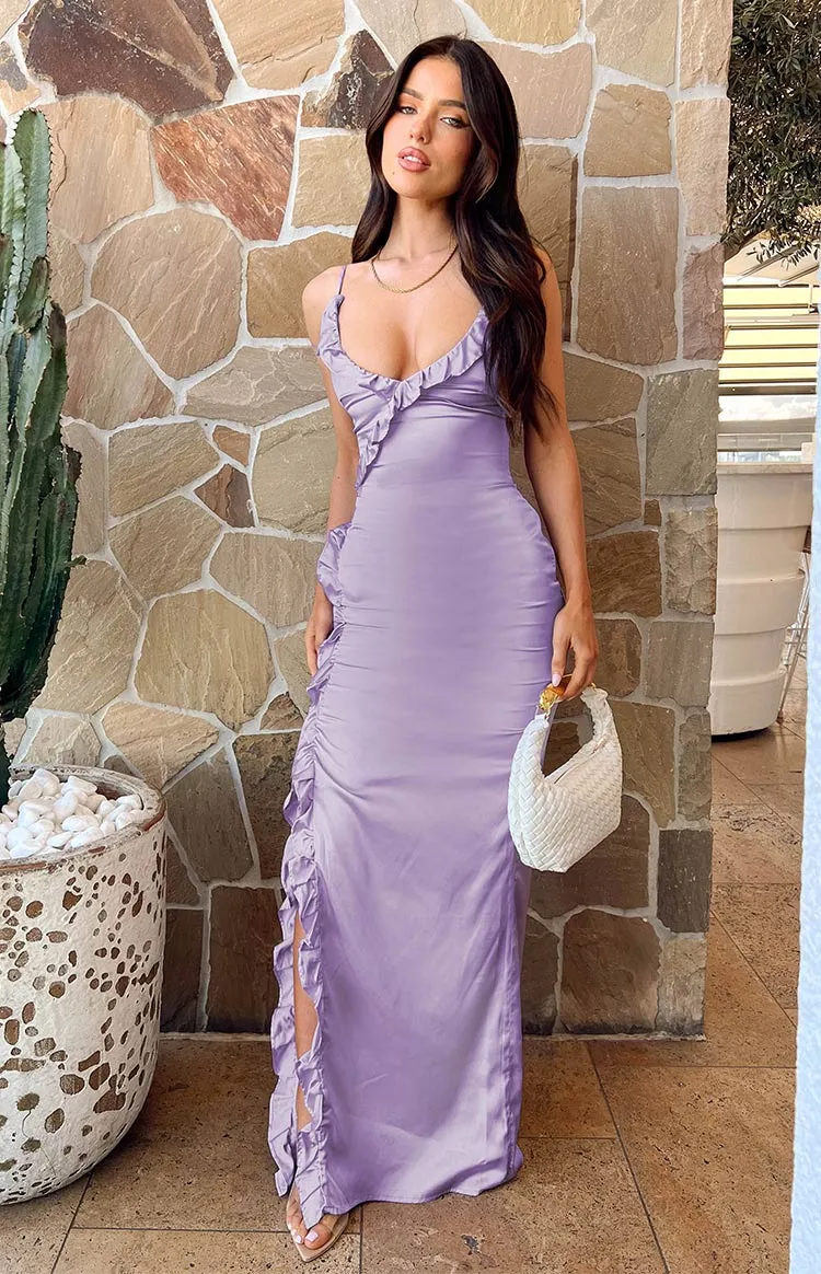 Nahanee Lilac Satin Ruffle Maxi Dress