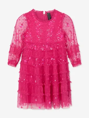 Needle & Thread Girls Violet Shimmer Long Sleeve Dress in Pink