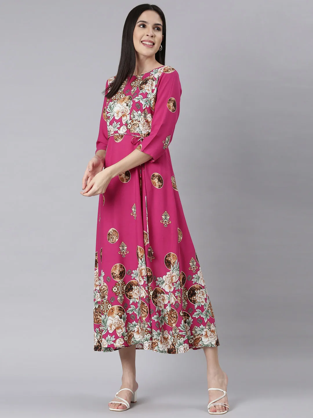 Neerus Magenta Curved Casual Floral Maxi Dresses