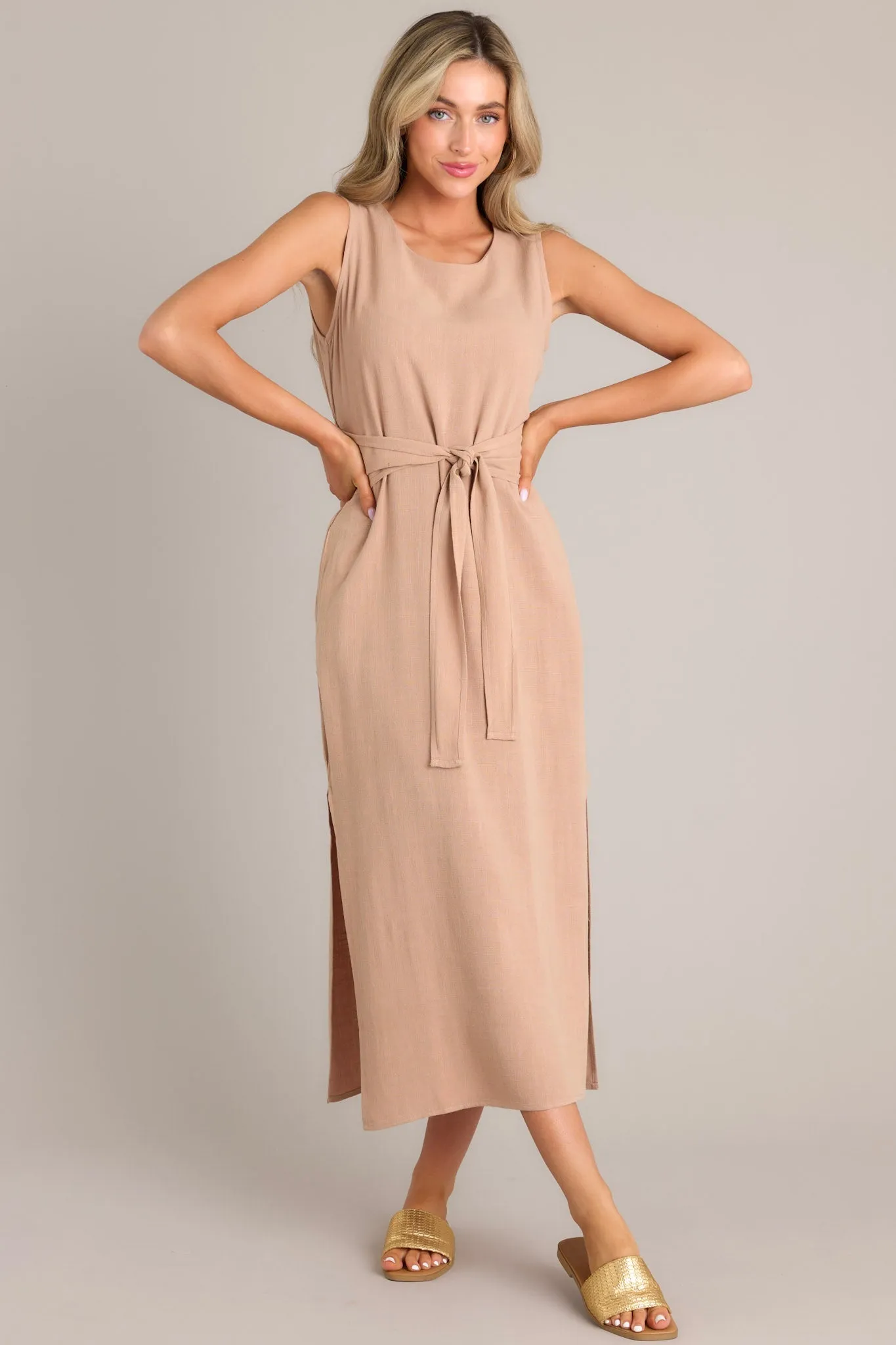 Nurturing Spirit Tan Waist Tie Maxi Dress (BACKORDER MAY)