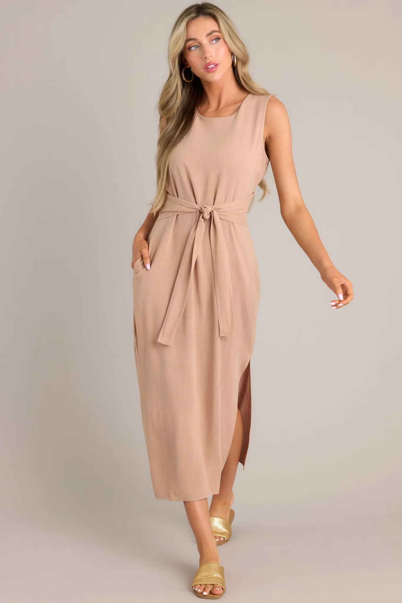 Nurturing Spirit Tan Waist Tie Maxi Dress (BACKORDER MAY)