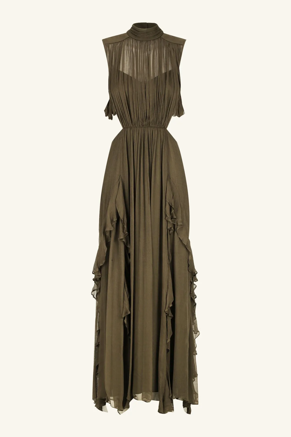 ODEN BACKLESS FRILL MAXI DRESS - OLIVE