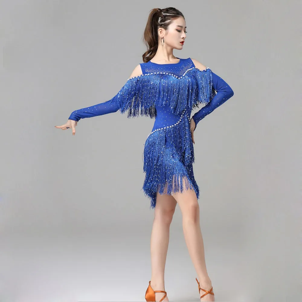 One-Piece Latin Dance Dress Salsa Sling Stretchy Dress Fringe Competition Costume