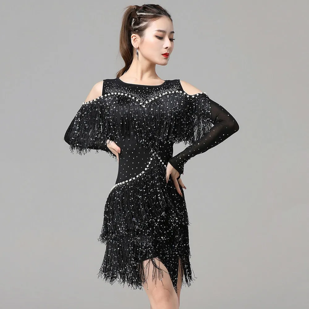 One-Piece Latin Dance Dress Salsa Sling Stretchy Dress Fringe Competition Costume