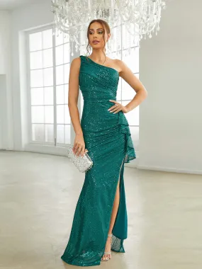 One Shoulder Ruched Emerald Green Sequin Prom Dress RA60005