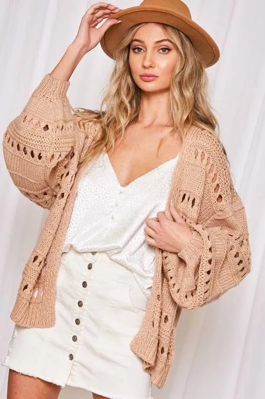 Open knit balloon sleeves sweater cardigan (Natural / Taupe)