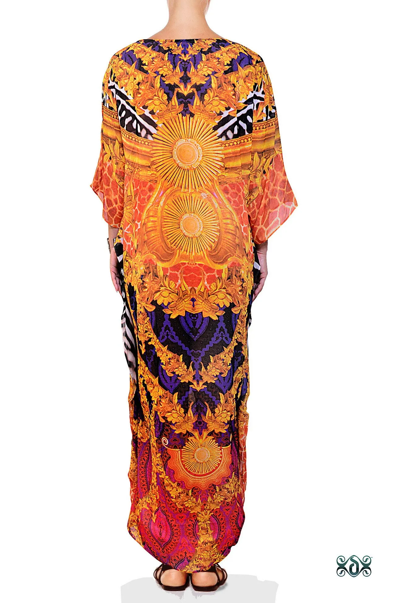 Opulent Gold Long Kaftan, Crystals Embellished Caftan, Long Georgette Kaftan - 1084A