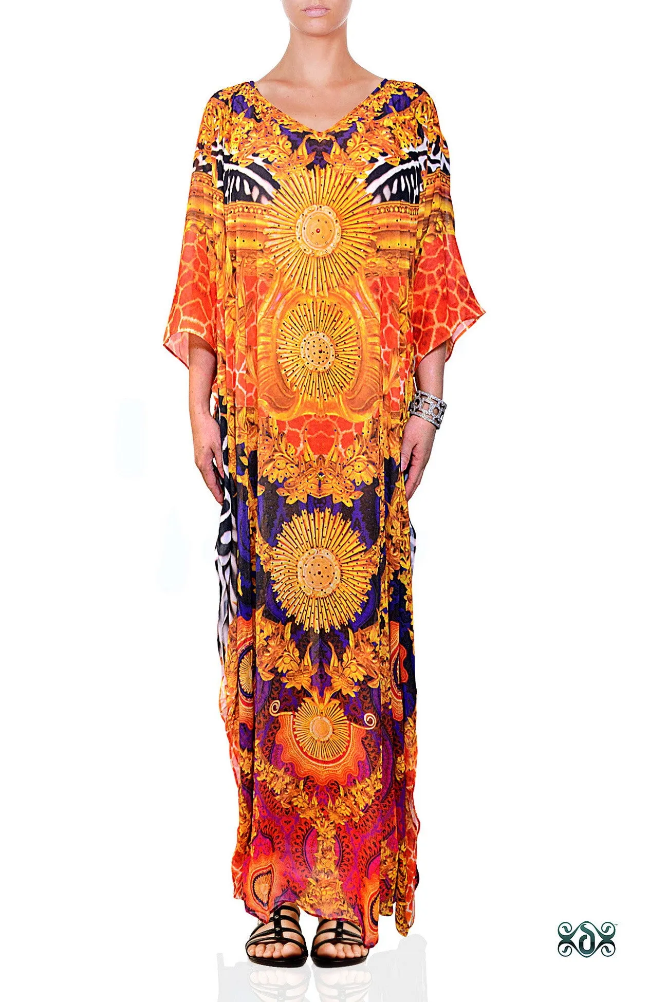 Opulent Gold Long Kaftan, Crystals Embellished Caftan, Long Georgette Kaftan - 1084A