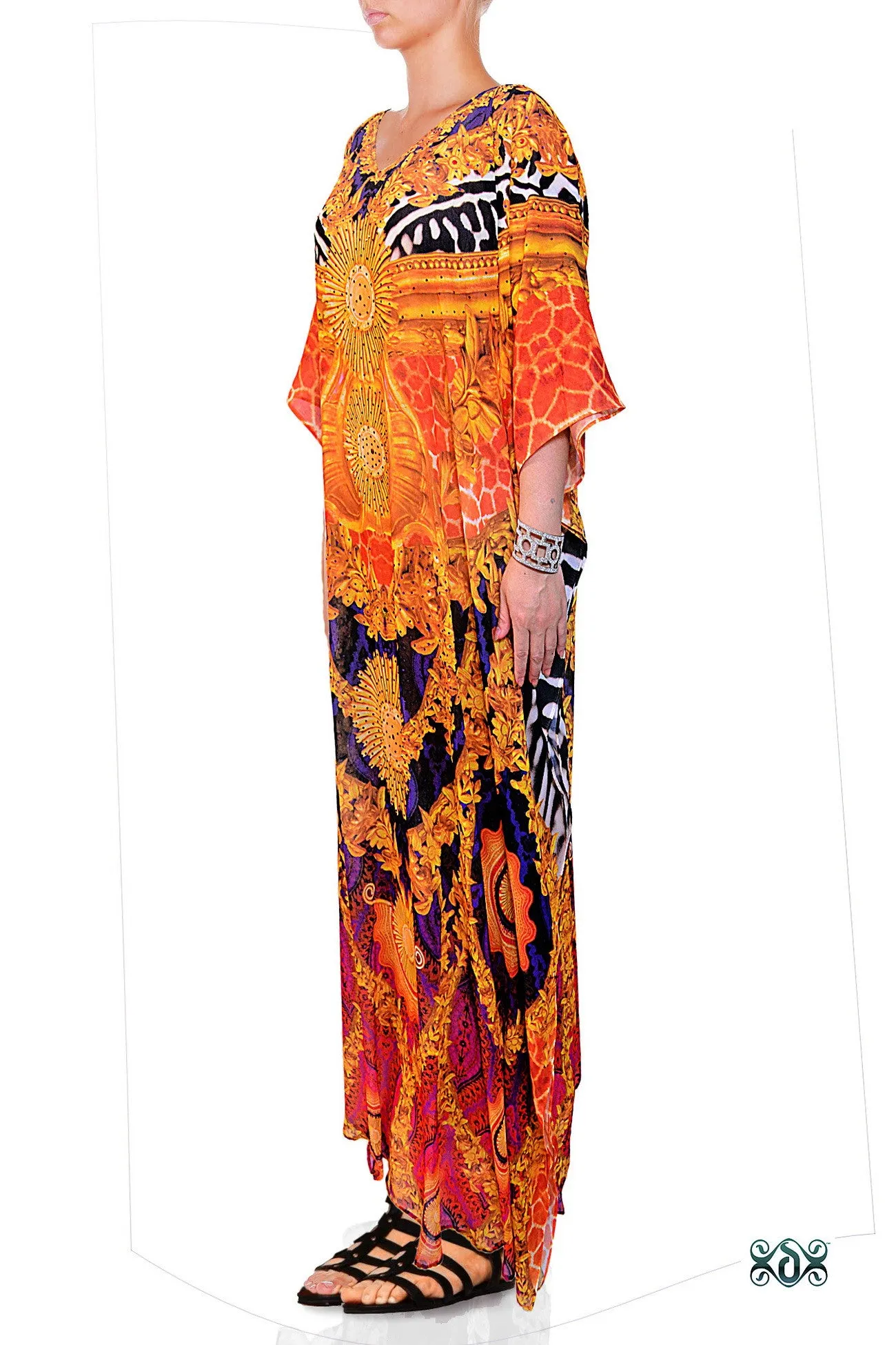 Opulent Gold Long Kaftan, Crystals Embellished Caftan, Long Georgette Kaftan - 1084A