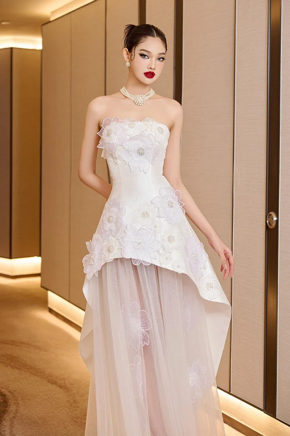 Opulent Layered Straight Across Neck Mesh Taffeta Floor Length Dress