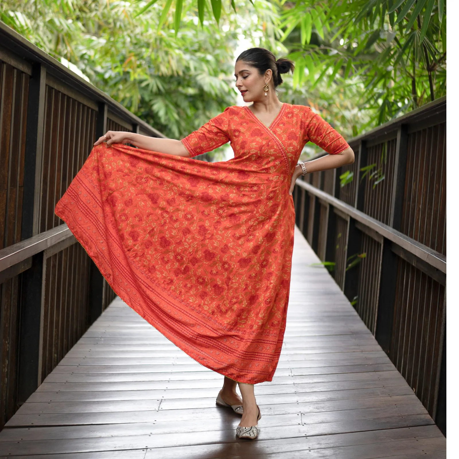 Orange Floral Angrakha Dress