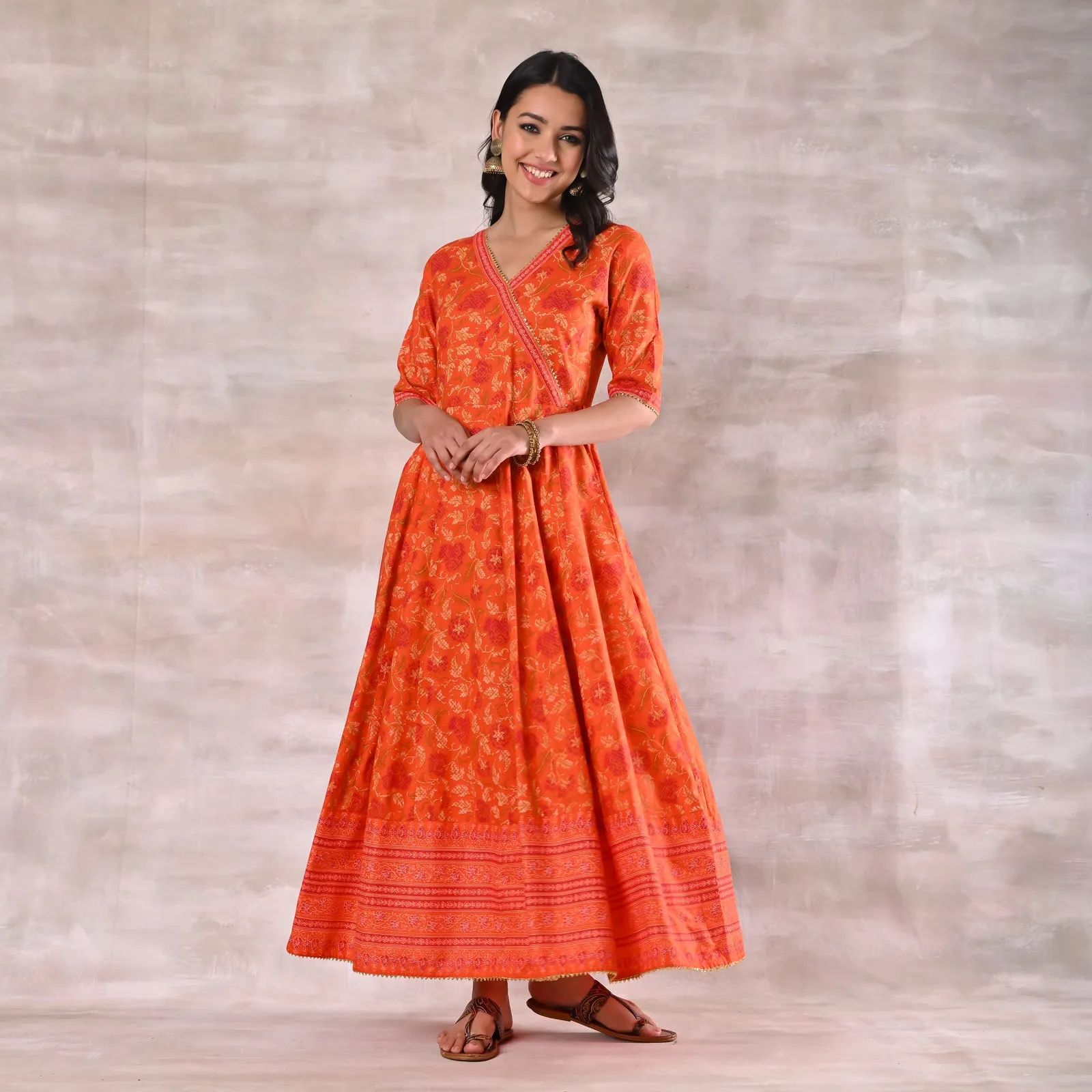 Orange Floral Angrakha Dress