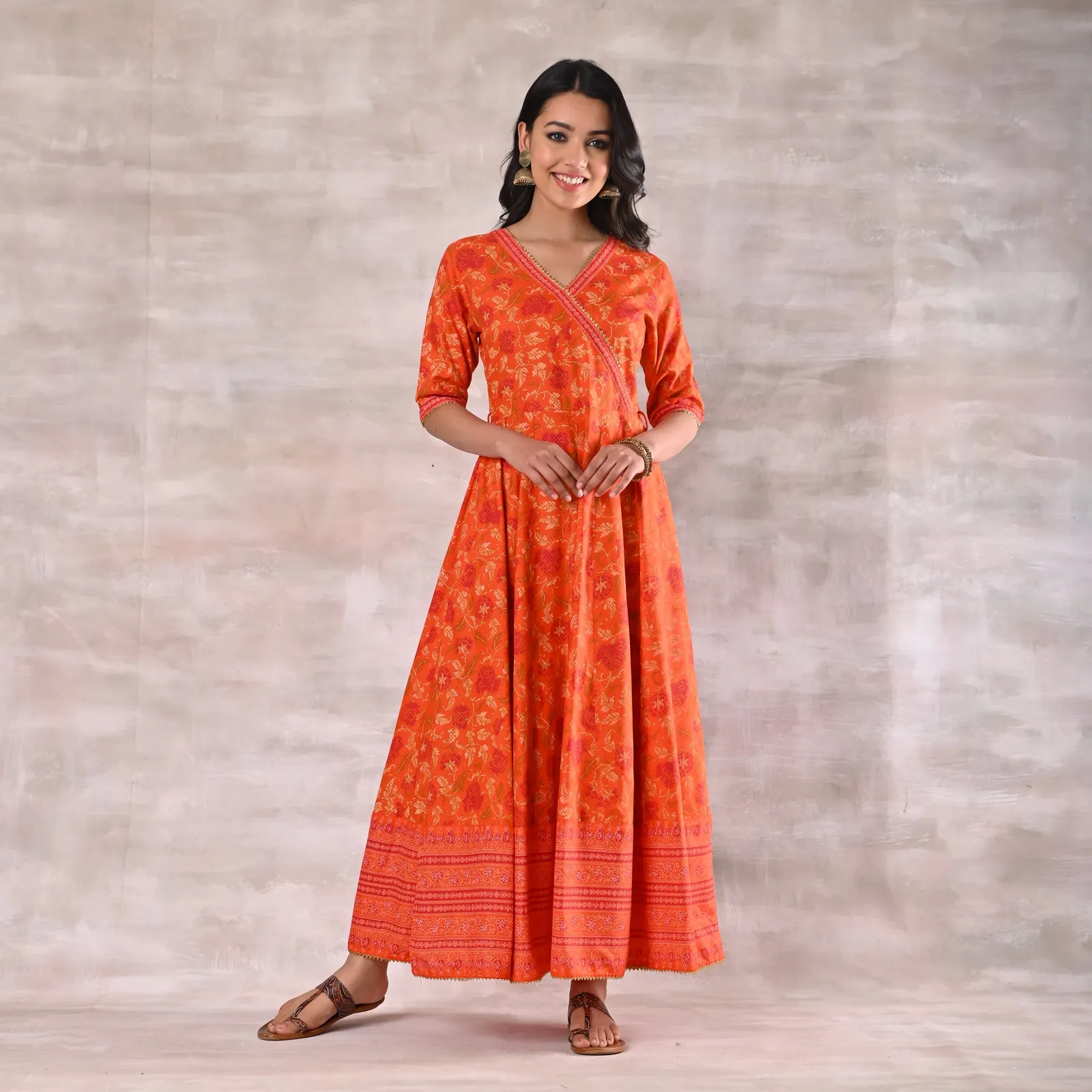 Orange Floral Angrakha Dress