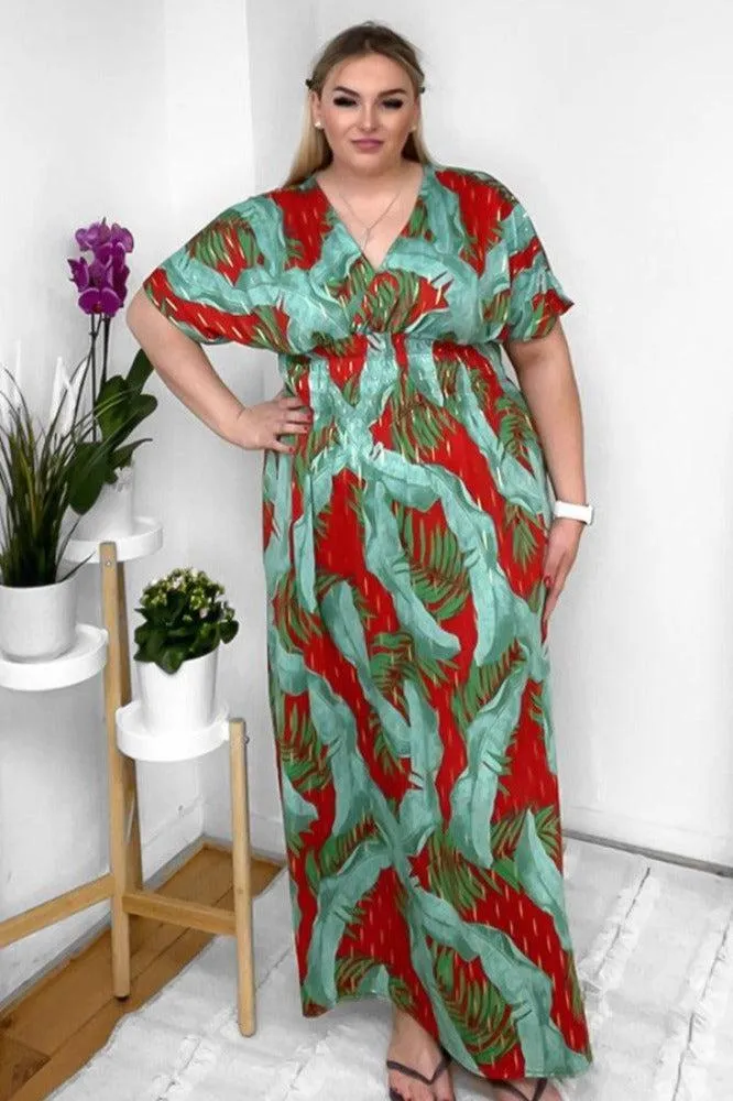 Palm Leaves Print Shirred Waist Maxi Dress