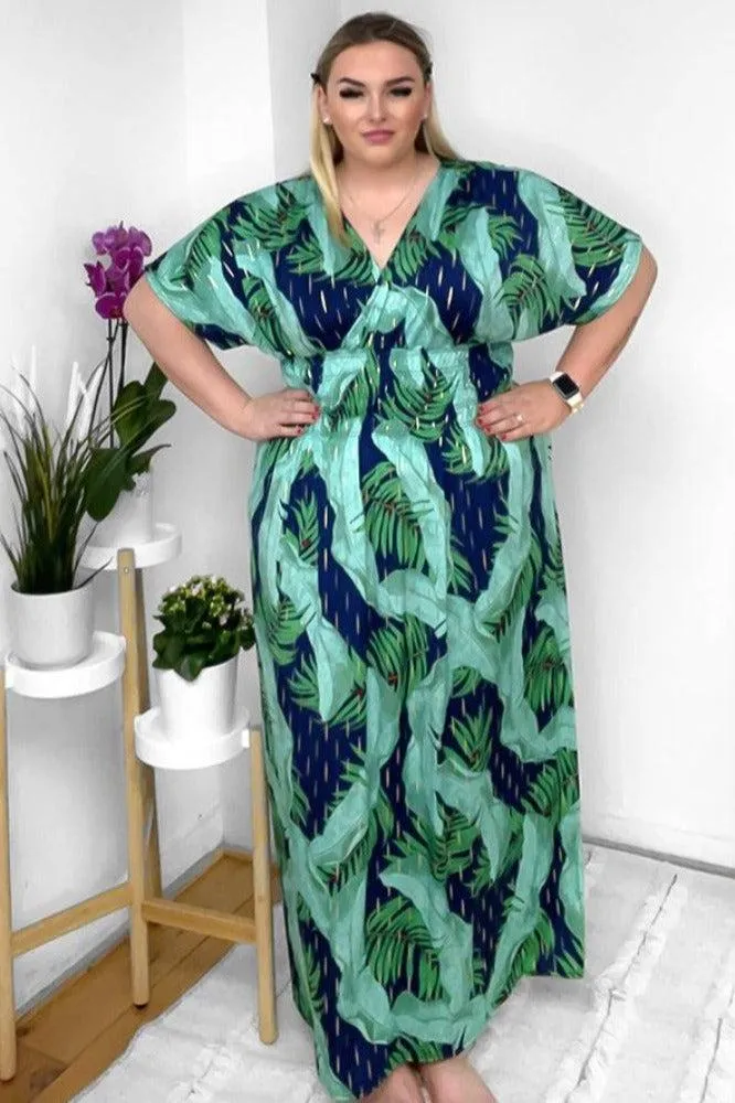 Palm Leaves Print Shirred Waist Maxi Dress