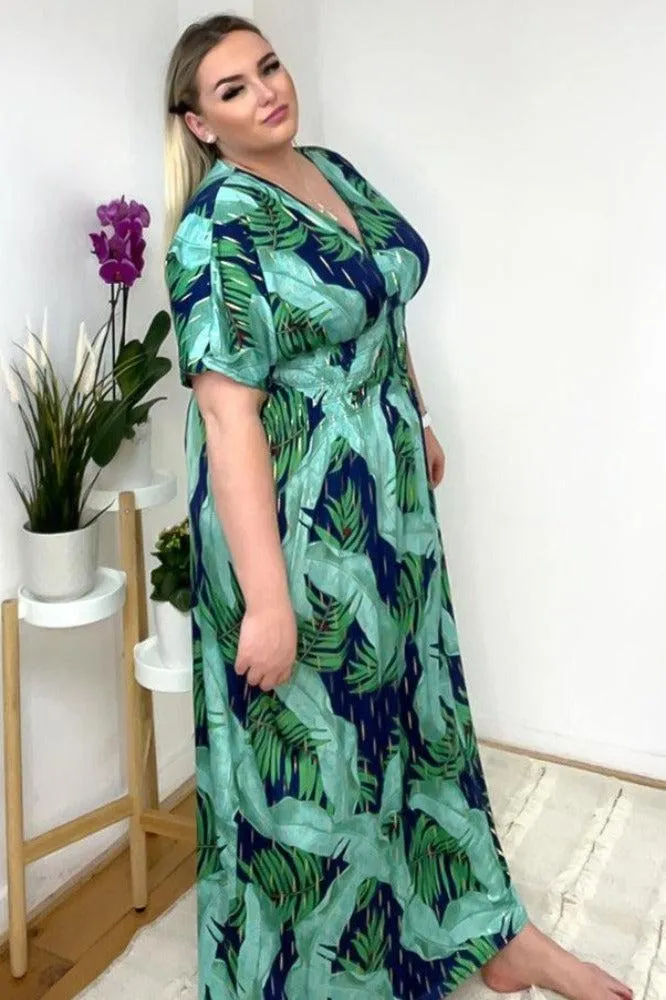 Palm Leaves Print Shirred Waist Maxi Dress