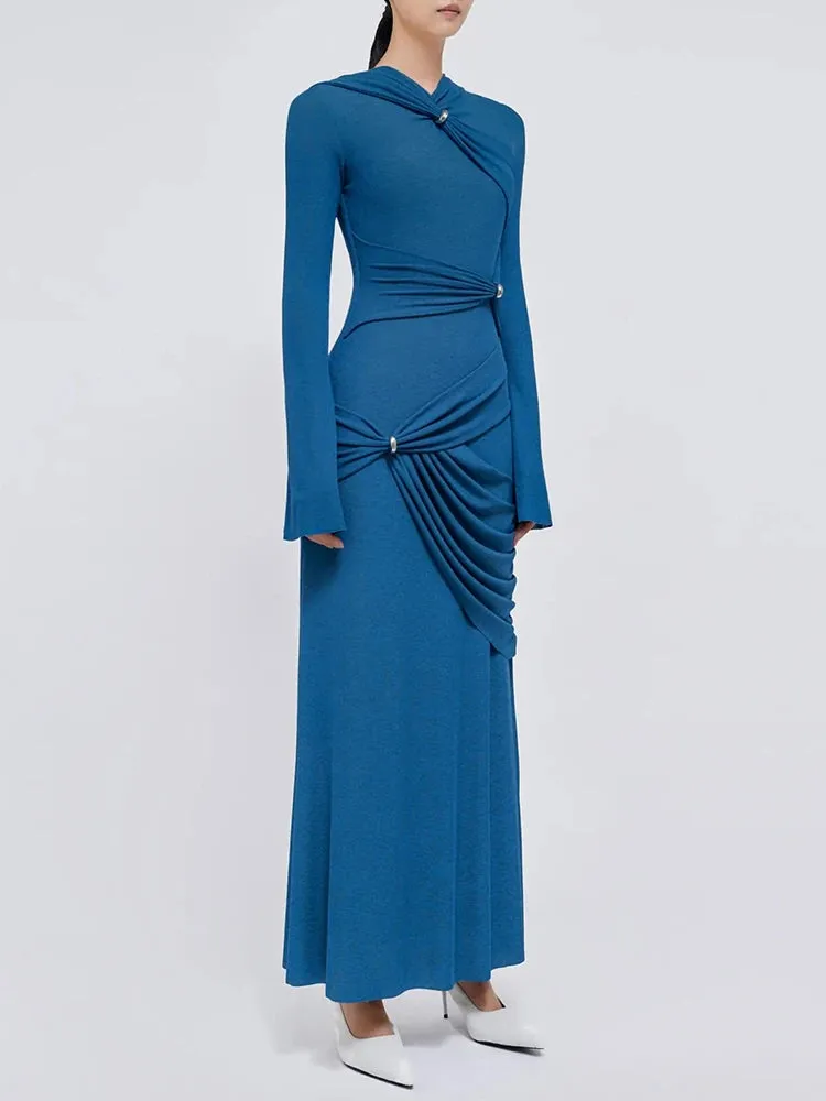 Patchwork Metal Buckle Elegant Dresses For Women Round Neck Long Sleeve High Waist Folds Minimalist Slimming Dress Female