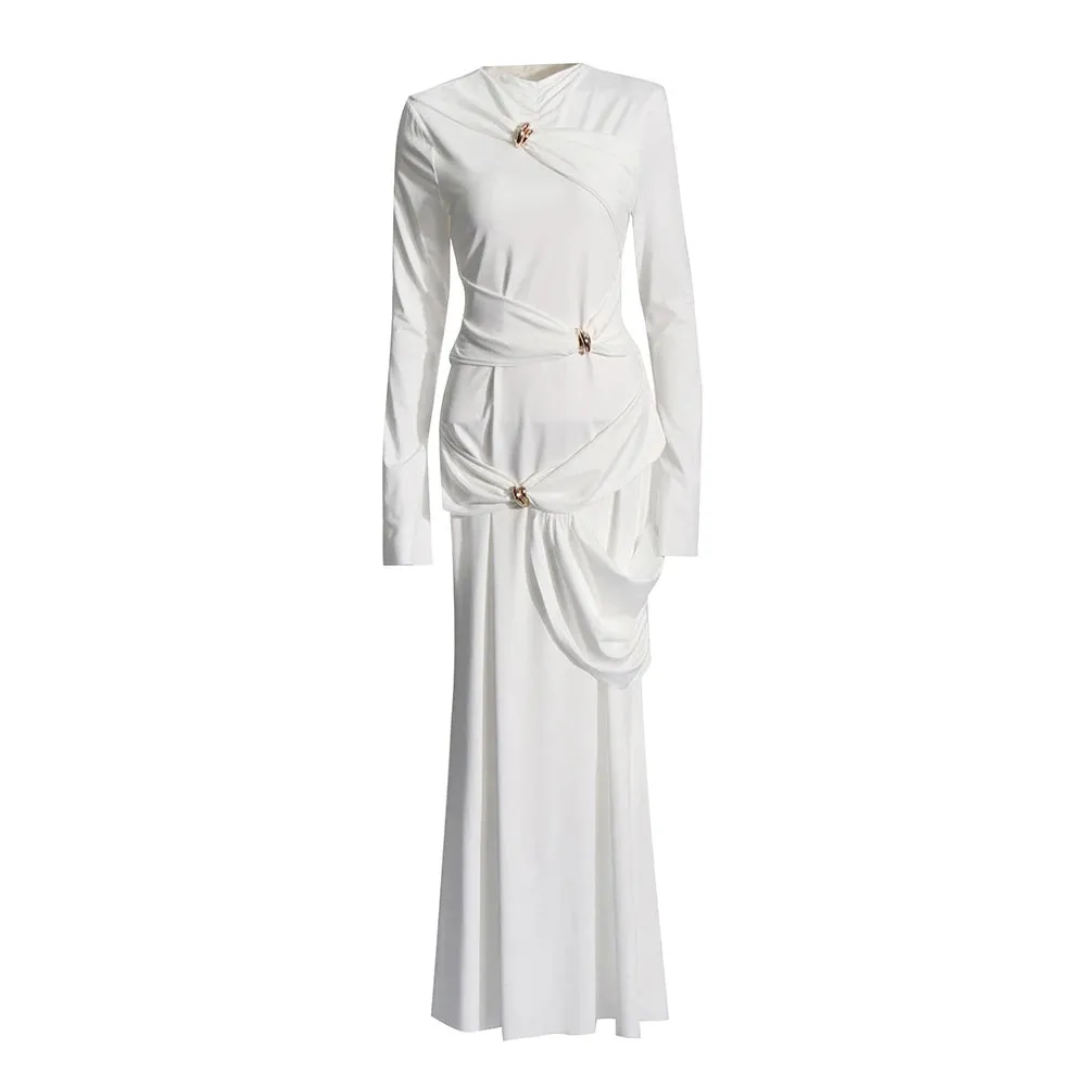 Patchwork Metal Buckle Elegant Dresses For Women Round Neck Long Sleeve High Waist Folds Minimalist Slimming Dress Female