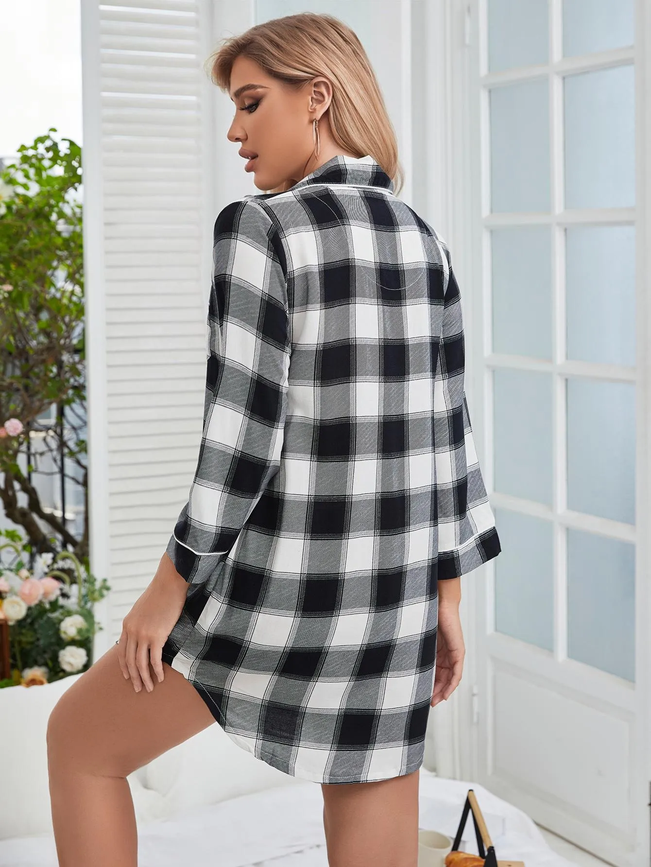 Plaid Lapel Collar Night Dress