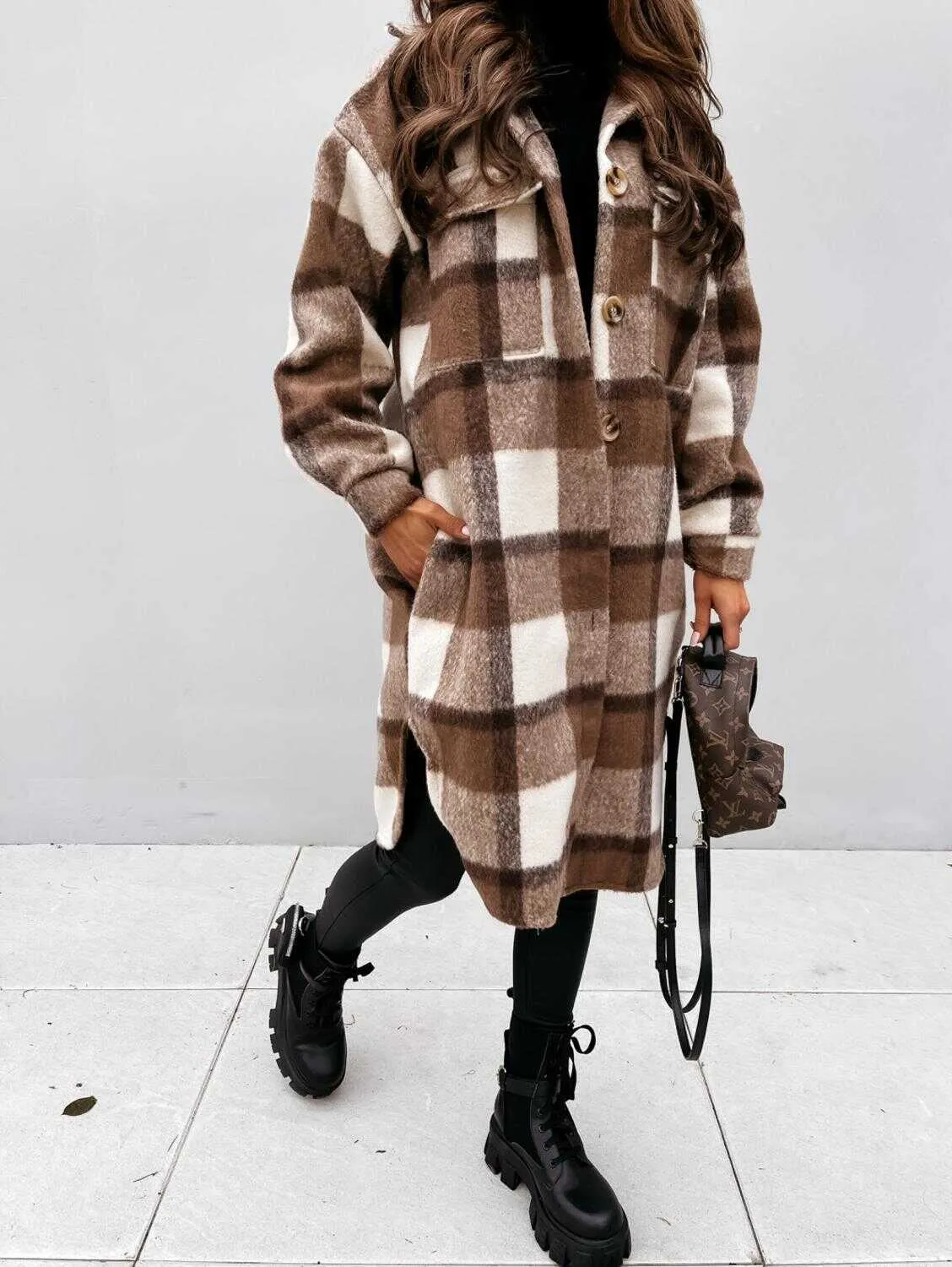 Plaid Woolen Button Trench